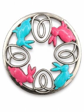 Round Enamel Bunny Candle Topper — Pink & Turquoise